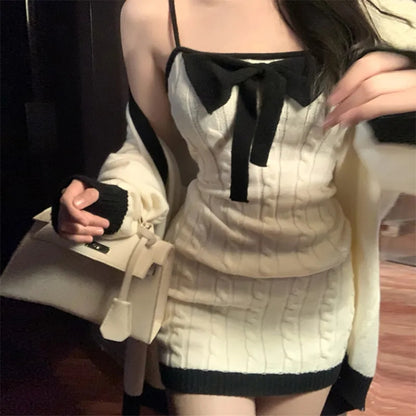 2 Piece White Knit Bow Dress + Sweater