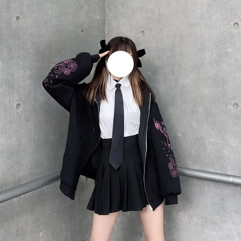 Black Skull Sword Print Zip Up Hoodie
