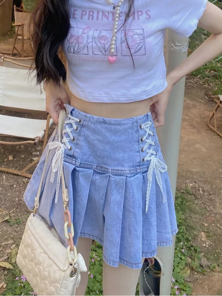 Lace Bandage High Waist Denim Skirt