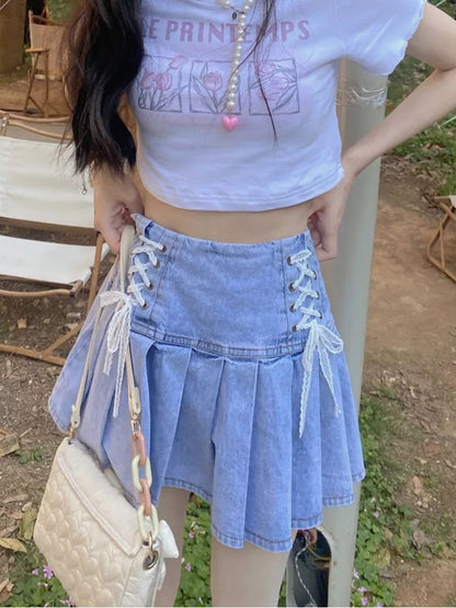 Lace Bandage High Waist Denim Skirt