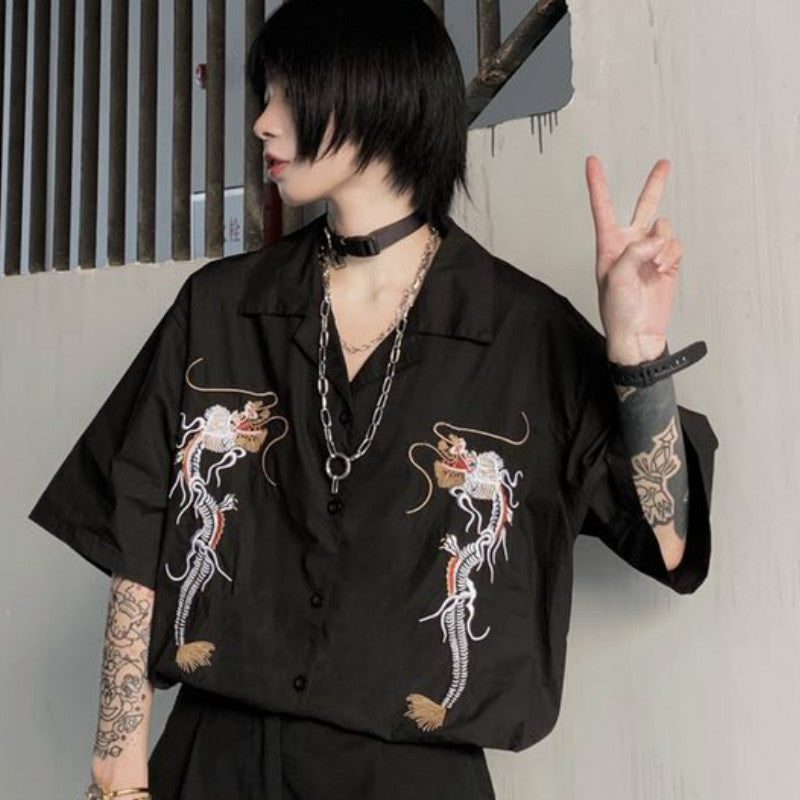 Dragon Embroidery Vintage Black Blouse Button Down Casual Loose Short Sleeve Tee Shirt T-shirt Top E-Girl Kawaii Korean Japanese Harajuku Streetwear