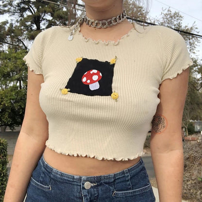 Cute Brown Mushroom Print Short Sleeve Shirt Crop Top Frill Ruffles Punk Aesthetic Casual E-Girl Kawaii Korean Japanese Harajuku