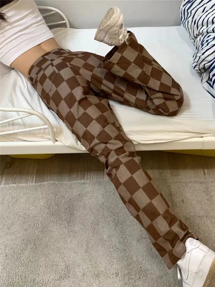 Brown Checkered High Waist Wide Leg Pants