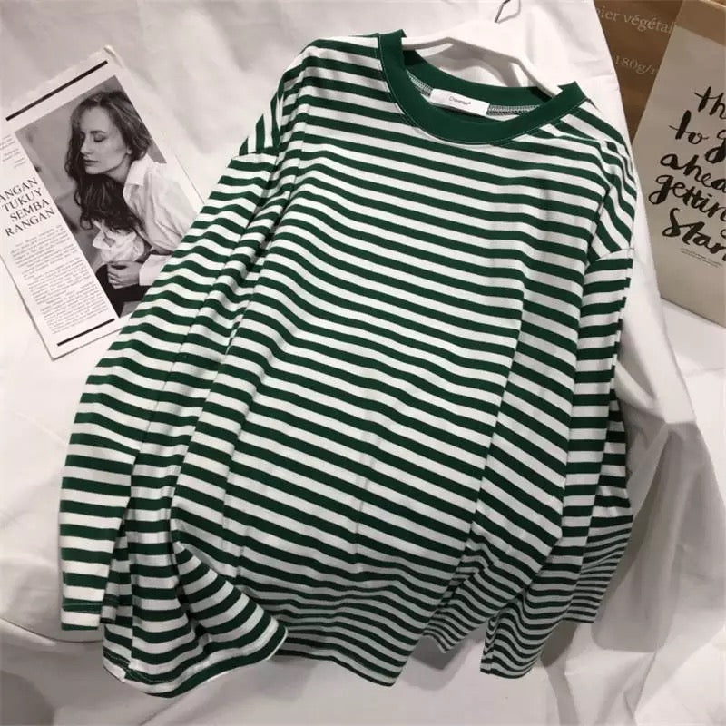 Cute Casual Stripe Round Neck Long Sleeve Tee Shirt T-shirt Top Plus Oversized Baggy E-Girl Kawaii Korean Japanese Harajuku Retro Streetwear