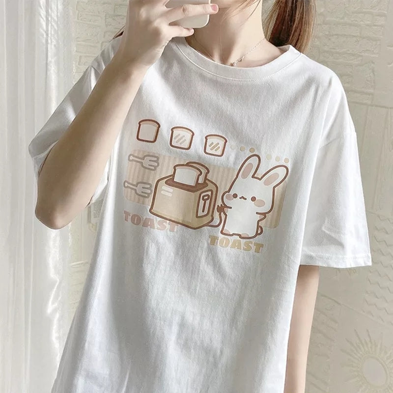 Cute Bunny And Toast Bread Graphic Cartoon Print Loose Short Sleeve T-shirt Aesthetic Casual Summer E-Girl Kawaii Korean Japanese Harajuku