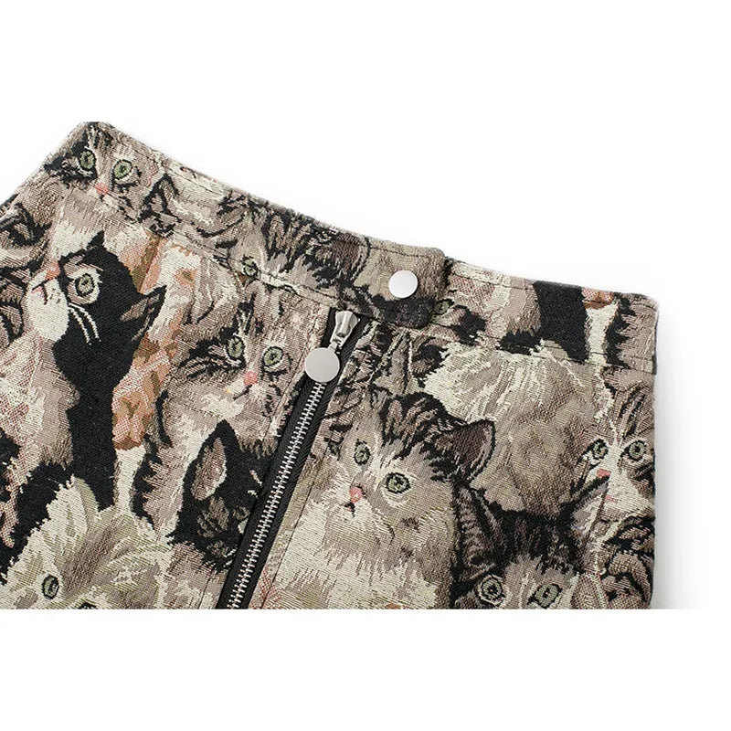 Vintage Cat Print Mini Skirt
