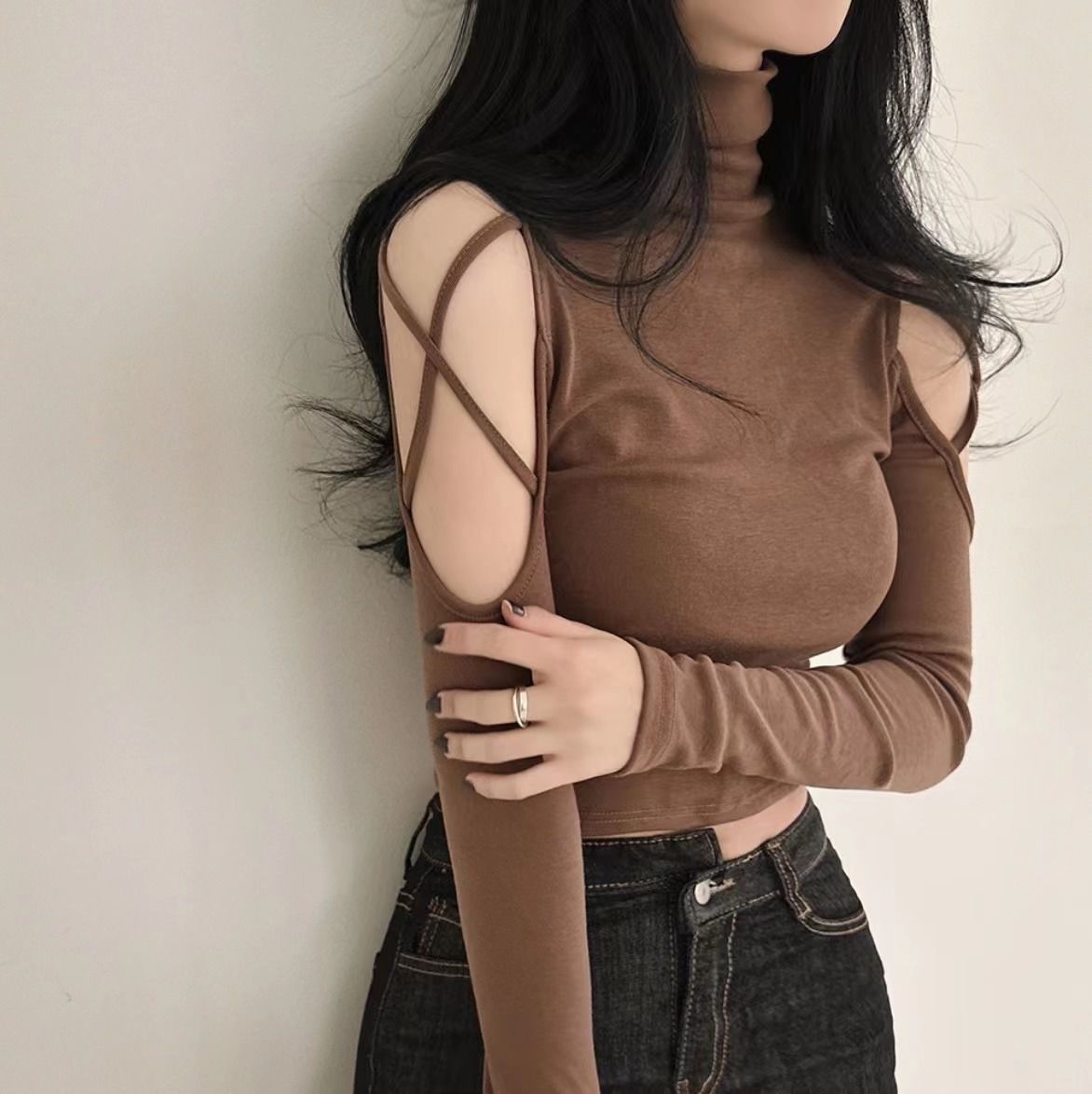 Turtleneck Hollow Out Long Sleeve Crop Top