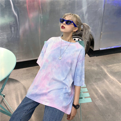 Cute Tie Dyed Hip Hop Casual Punk Goth Loose Oversized Short Sleeve Shirt Tee T-shirt E-Girl Kawaii Korean Japanese Harajuku Chinese Retro Streetwear