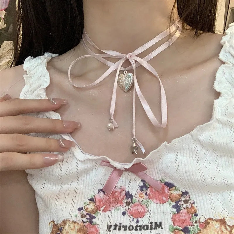 Pink Heart Pendant Rope Tied Necklace