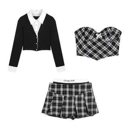3PCS Plaid Patchwork Camisole + Pleated Skirt + Long Sleeve Shirt