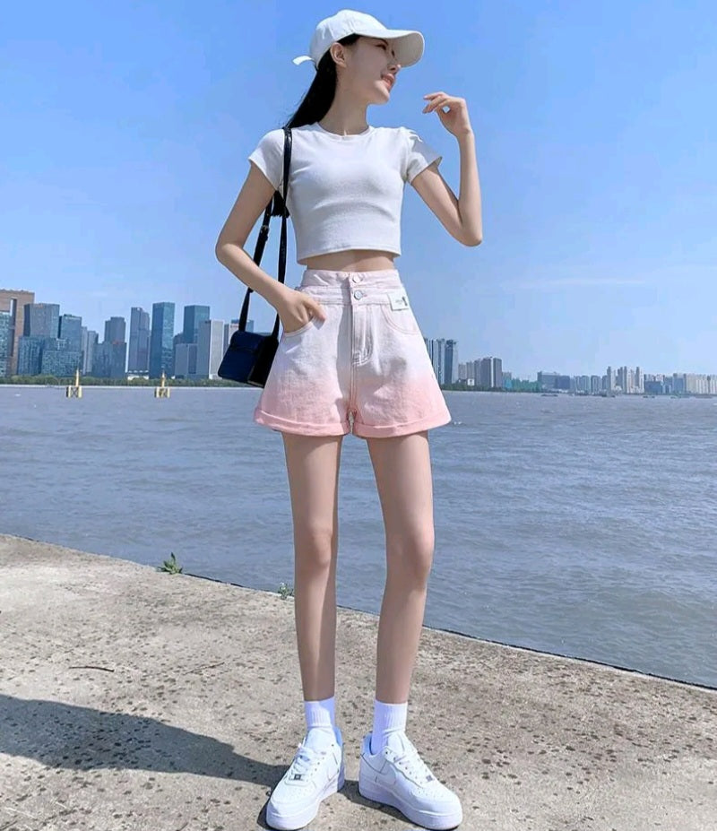 Pink Ombre High Waist Button Shorts
