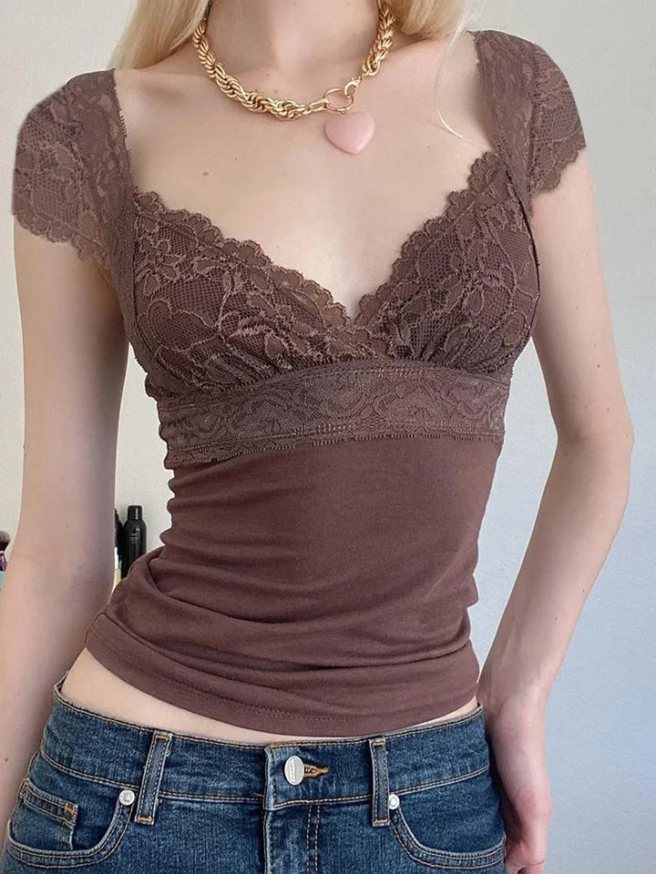 Brown Lace Trim Short Sleeve Shirt