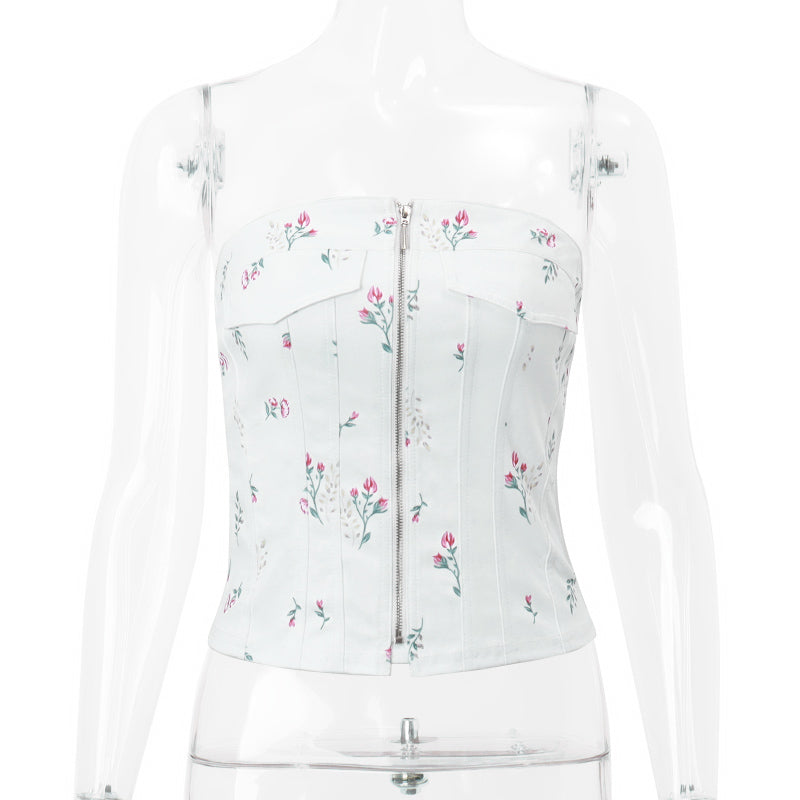 White Floral Zipper Tube Top