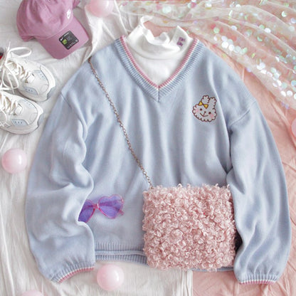 Cute Bunny Rabbit Embroidery Preppy Knit V Neck Vest Sweater Sweatshirt Loose Jumper Pullover Casual E-Girl Kawaii Korean Japanese Harajuku Streetwear