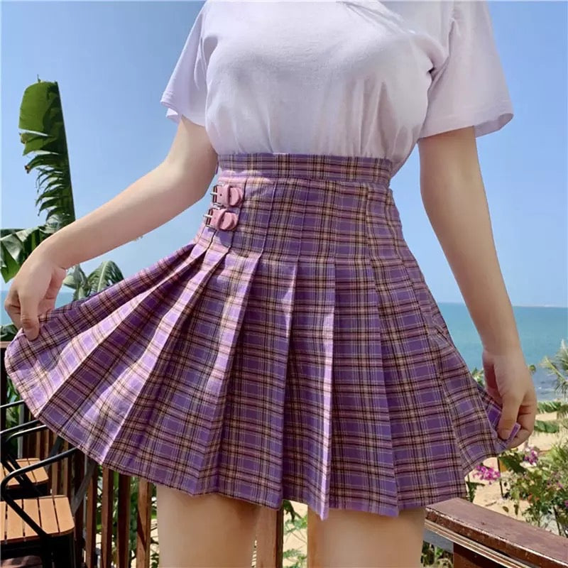 Cute Preppy Purple Plaid High Waisted Mini Skirt Summer Casual School Girl E-Girl Kawaii Korean Japanese Harajuku Streetwear
