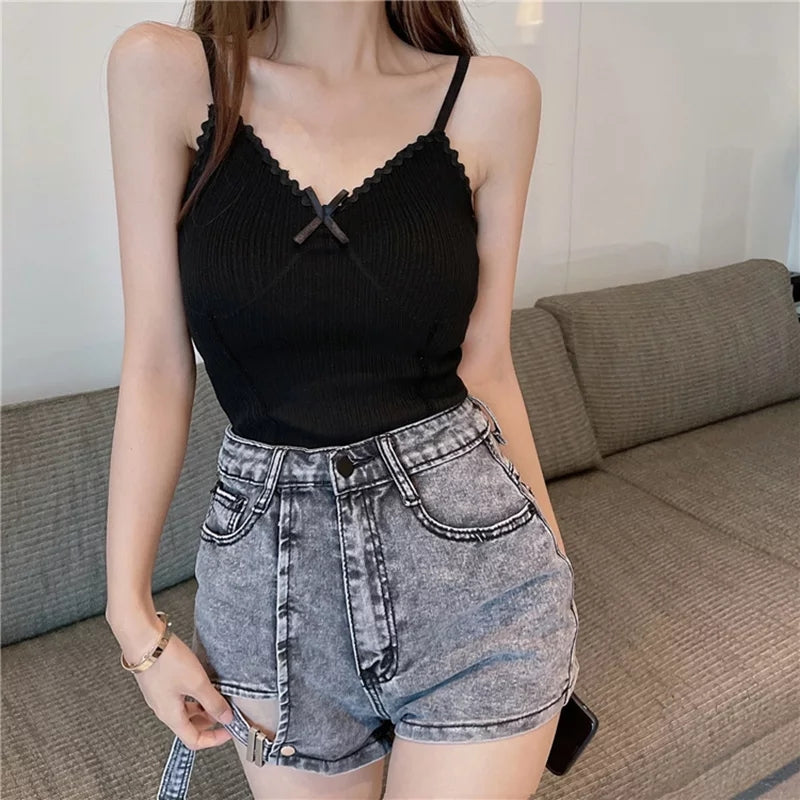 Cute Sexy Purple Knit Crop Top Sleeveless Tank Camisole Aesthetic Casual Summer E-Girl Kawaii Korean Japanese Harajuku