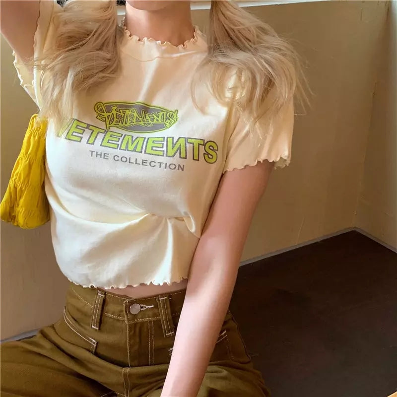 Cute Vintage Ruffle Off White Letter Print Short Sleeve Shirt Aesthetic Casual Summer E-Girl Kawaii Korean Japanese Harajuku