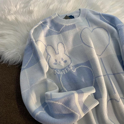 Cute Pink Bunny Rabbit Cartoon Knit Sweater Long Sleeve Pullover Jumper Aesthetic Casual E-Girl Kawaii Korean Japanese Harajuku