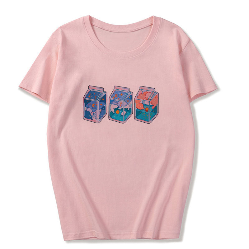 Cute Pink Milkshakes Drink Summer Pastel Print Short Sleeve Shirt Tee T-shirt E-Girl Kawaii Korean Japanese Harajuku Retro Streetwear Aesthetic