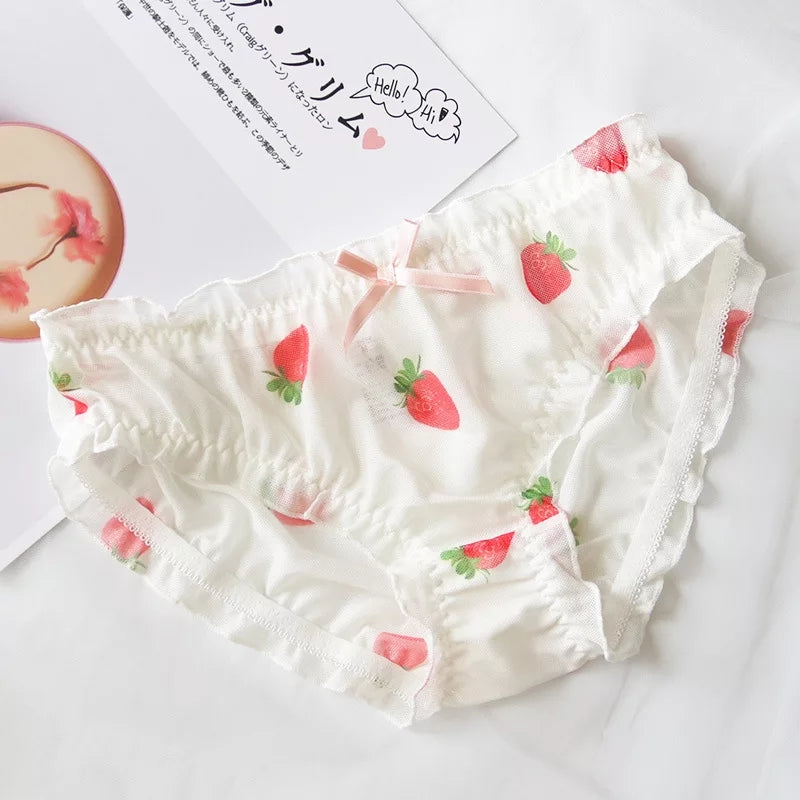 Cute Strawberry Print Ruffles Lace Brief Underwear Panties Lingerie Aesthetic Casual Summer E-Girl Kawaii Korean Japanese Harajuku