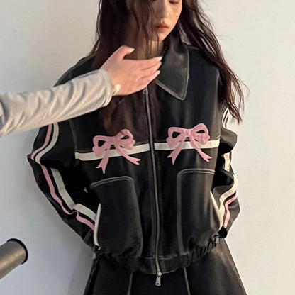 Bow Knot PU Leather Bomber Jacket