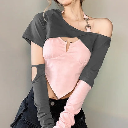 2PCS Sweet Pink Irregular Wrap Off Shoulder Short Sleeve Shirt
