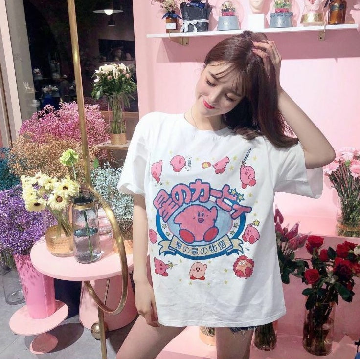 Pastel Pink Japanese Anime Graphic Cartoon Print Loose Short Sleeve T-shirt