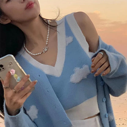 2PCS Blue Sky Cloud Vest + Knit Cardigan