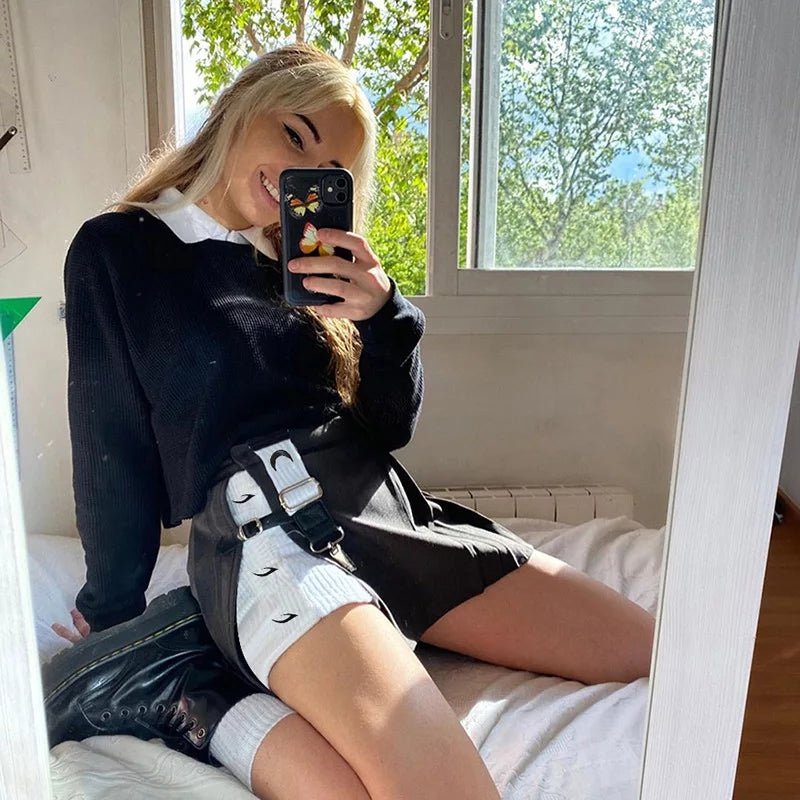 Cute Kpop Patchwork Buckle Cross Split High Waist Mini Skirt Goth Punk Streetwear Summer Aesthetic Casual E-Girl Kawaii Korean Japanese Harajuku