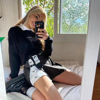 Cute Kpop Patchwork Buckle Cross Split High Waist Mini Skirt Goth Punk Streetwear Summer Aesthetic Casual E-Girl Kawaii Korean Japanese Harajuku