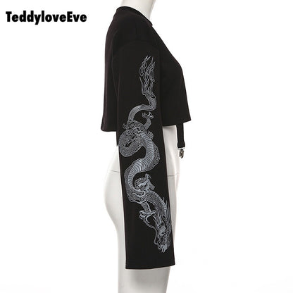 Sexy Black Goth Punk Dragon Print Vintage Sweatshirt Loose Crop Top Long Sleeve Shirt T-shirt E-Girl Kawaii Korean Japanese Harajuku Streetwear