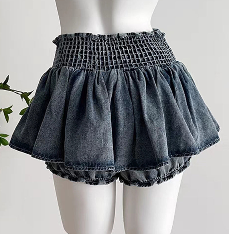 Denim Bow Ruffle Low Waist Skirt