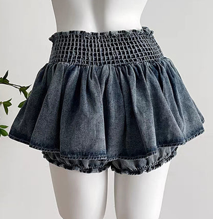 Denim Bow Ruffle Low Waist Skirt