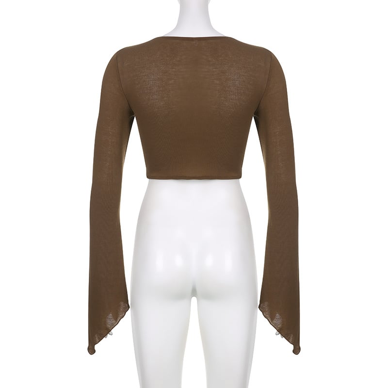 Brown Drawstring Long Sleeve Flare Crop Top