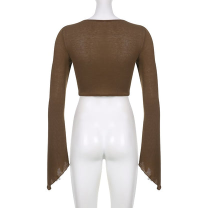 Brown Drawstring Long Sleeve Flare Crop Top