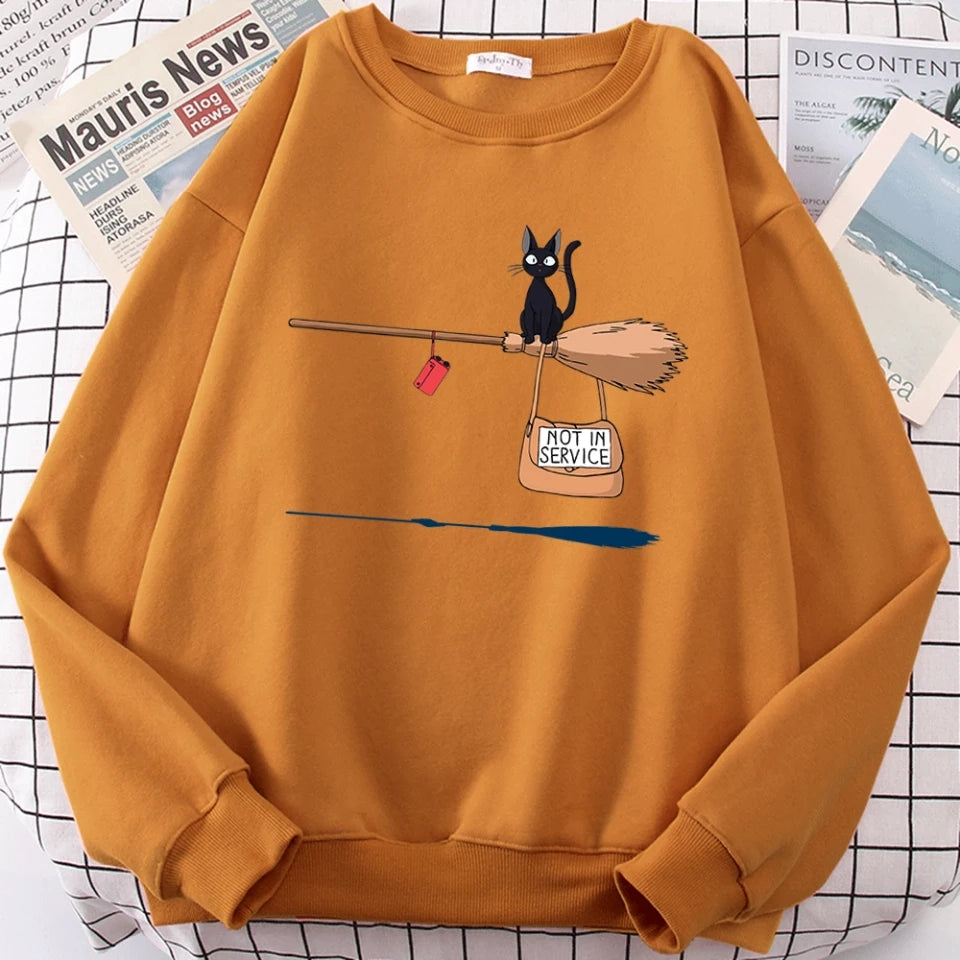 Cute Black Cat Japanese Anime Cartoon Print Oversized Fleece Crewneck