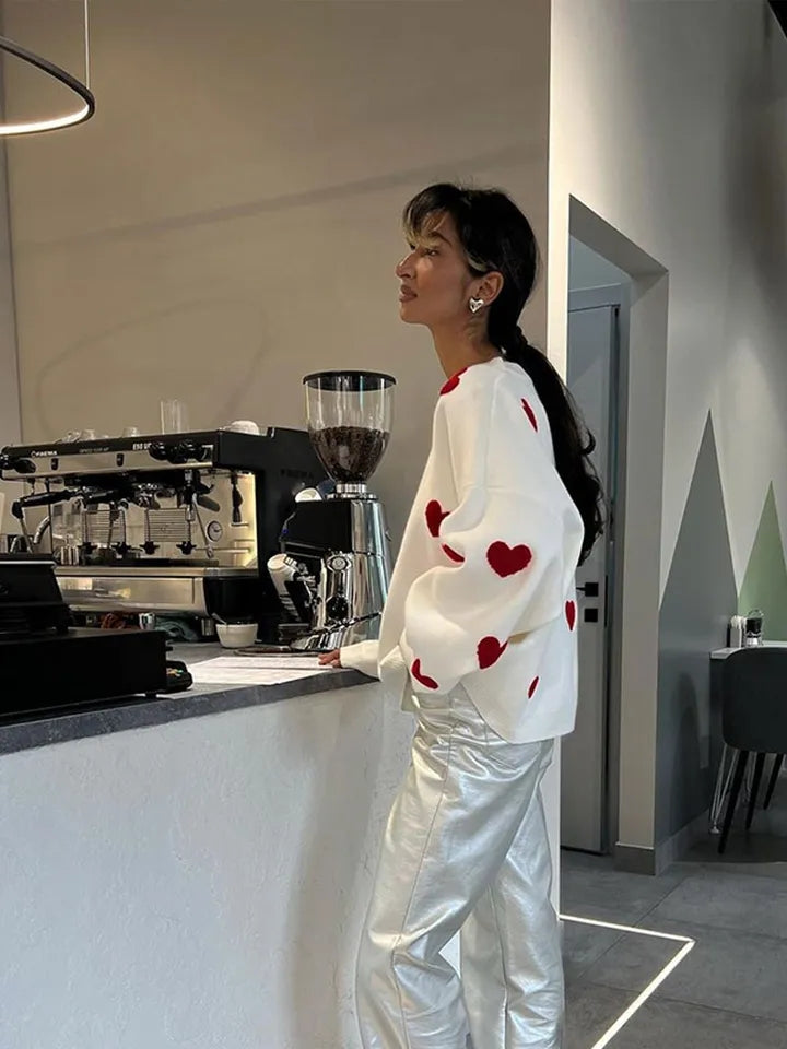 Heart Embroidery Long Sleeve Pullover