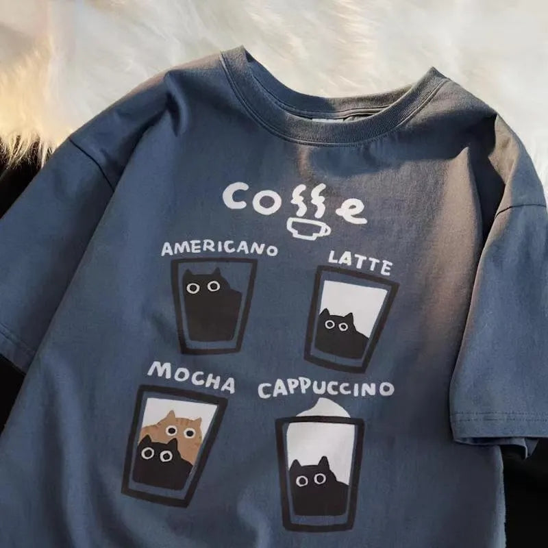 Cat Coffee Print Short Sleeve T-shirt