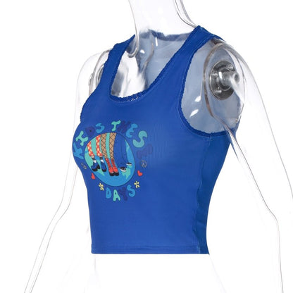 Cute Graphic Cartoon Print Retro Aesthetic Sleeveless Shirt Crop Top Tank Rib Knit Goth Punk Casual E-Girl Kawaii Korean Japanese Harajuku Streetwear
