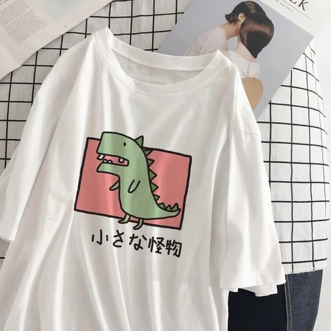 Cute Vintage Dinosaur Print Cartoon Short Sleeve Shirt T-shirt Tee Punk Funny Sweet Summer Casual E-Girl Kawaii Korean Japanese Harajuku Streetwear
