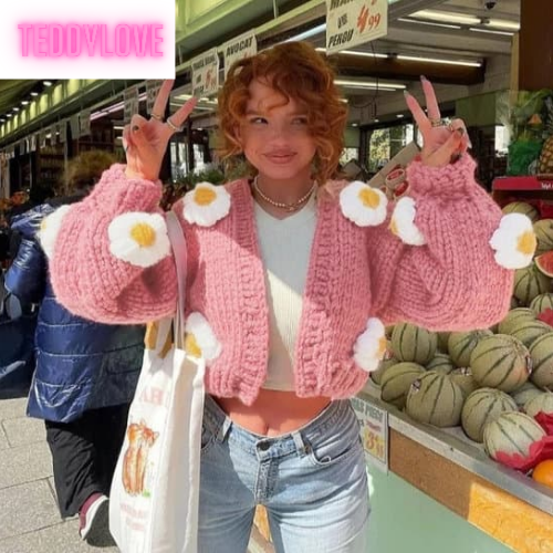 Cute Pink Daisy Flower Knit Crochet Loose Cardigan Long Sleeve V Neck Sweater Aesthetic E-Girl Kawaii Korean Japanese Harajuku