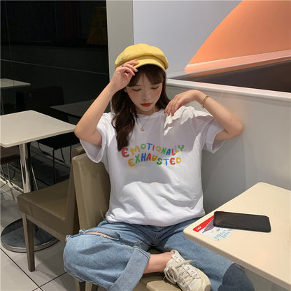 Cute Emotionally Exhausted Rainbow Colorful Short Sleeve Shirt Tee T-shirt E-Girl Kawaii Korean Japanese Harajuku Chinese Retro Streetwear Aesthetic