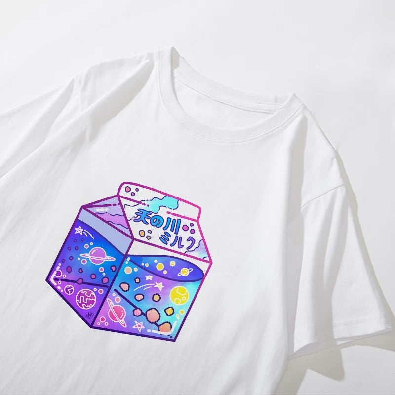 Cute Japanese Galaxy Milk Carton Print Graphic Casual Short Sleeve Shirt Tee T-shirt E-Girl Kawaii Korean Japanese Harajuku Retro Streetwear Aesthetic