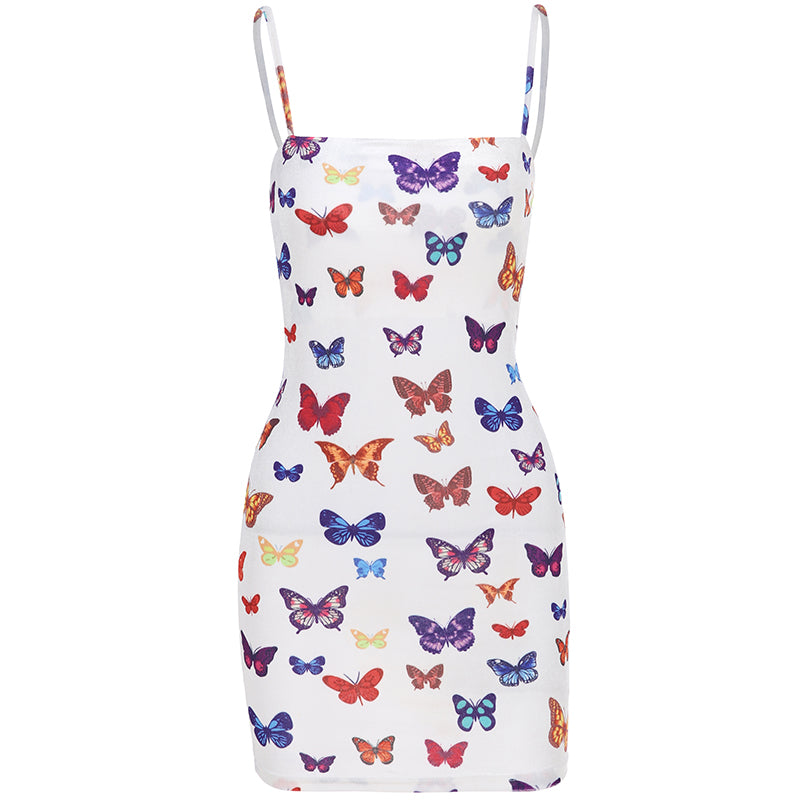 Cute Colorful Rainbow Butterfly Spaghetti Strap Bodycon Mini Dress Party E-Girl Kawaii Korean Japanese Harajuku Chinese Retro Streetwear Aesthetic