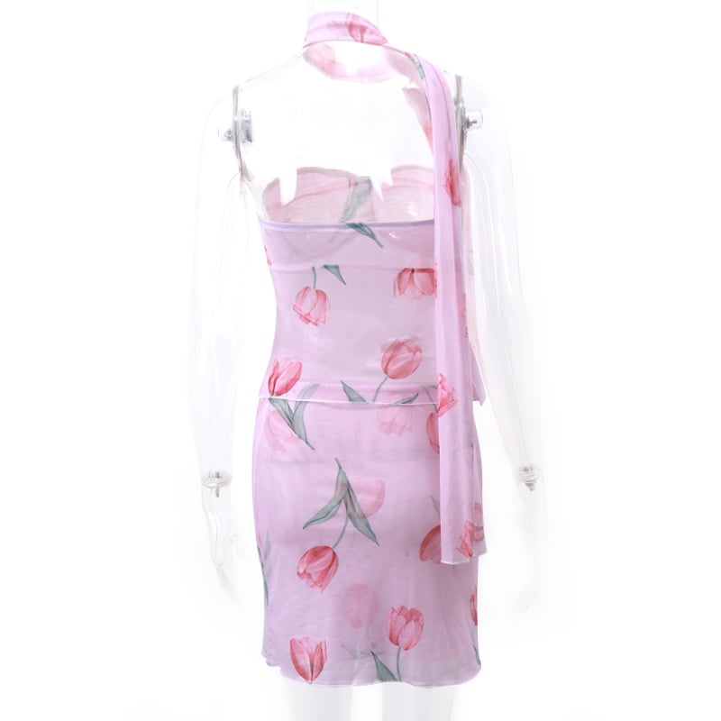 2PCS Pink Tulip Print Tube Top + Mini Skirt