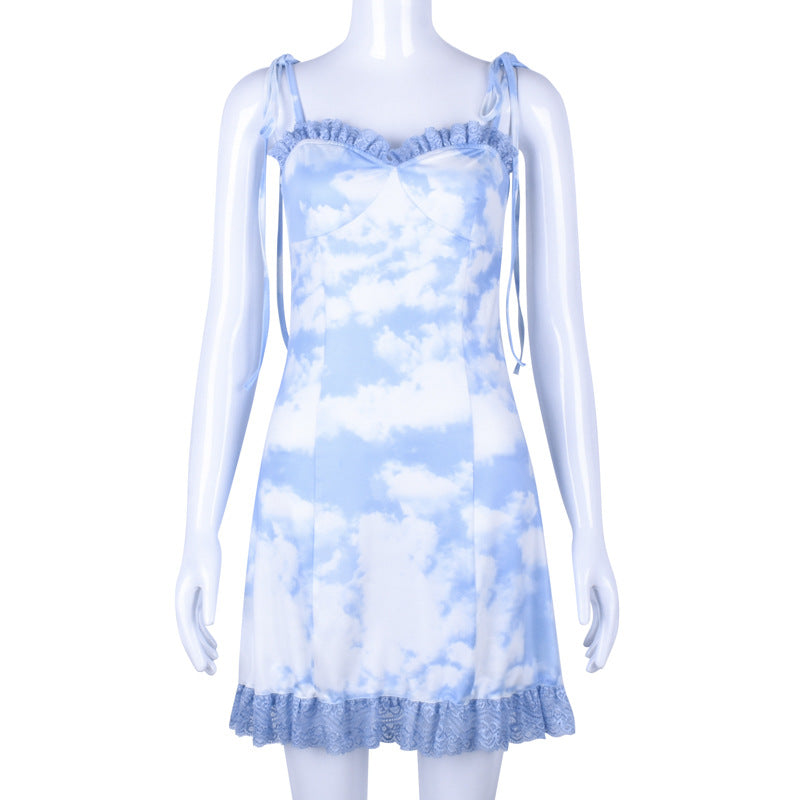 Cute Vintage Straped Mini Dress Bandage Ruffle Puff Elegant E-Girl Kawaii Korean Japanese Harajuku Chinese Retro Streetwear Aesthetic