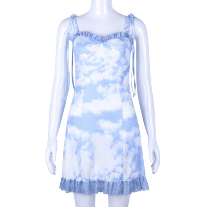 Cute Vintage Straped Mini Dress Bandage Ruffle Puff Elegant E-Girl Kawaii Korean Japanese Harajuku Chinese Retro Streetwear Aesthetic