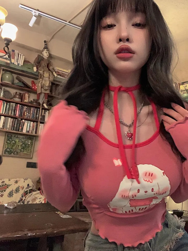 Pink Dog Graphic Print Frill Long Sleeve Shirt