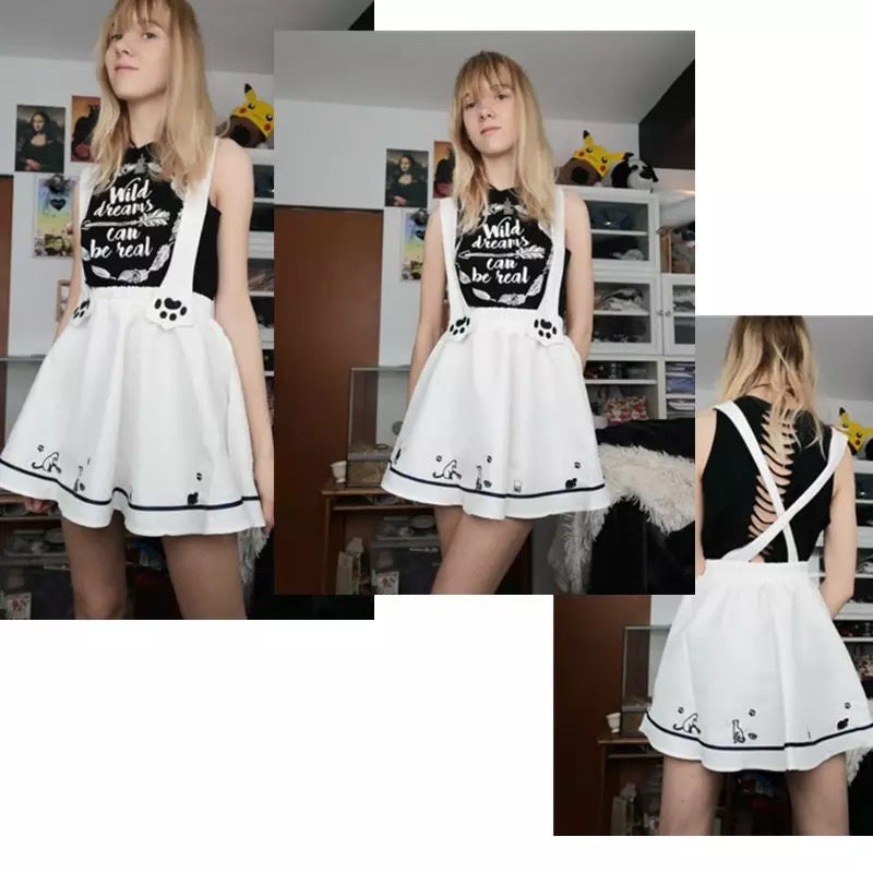 Cute Cartoon Sweet Cat Dog Paw Embroidery Skater Skirt Strap Suspenders Mini Skirt E-Girl Kawaii Korean Japanese Harajuku Streetwear