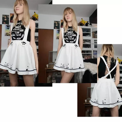 Cute Cartoon Sweet Cat Dog Paw Embroidery Skater Skirt Strap Suspenders Mini Skirt E-Girl Kawaii Korean Japanese Harajuku Streetwear